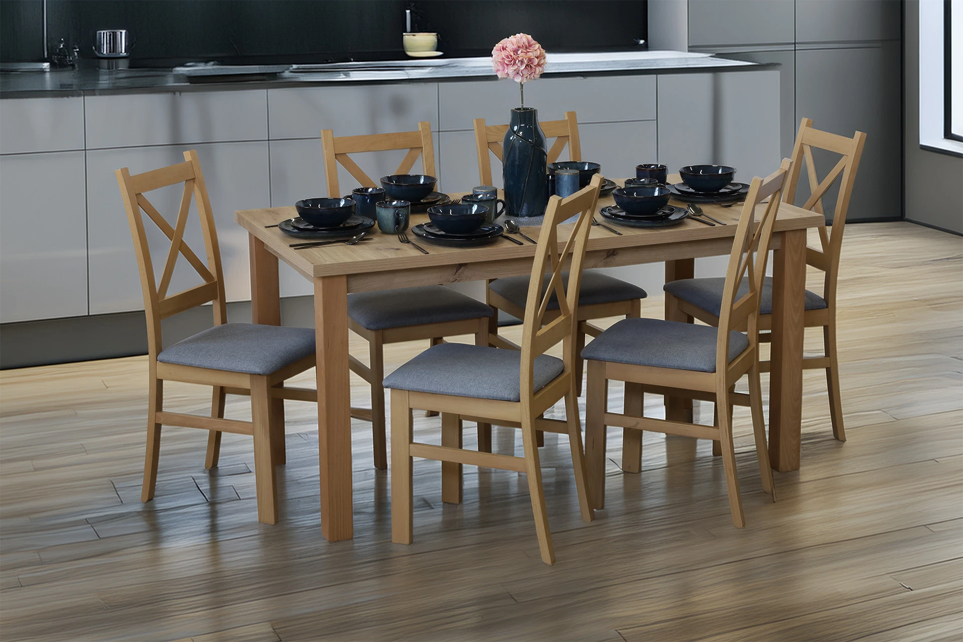 Zestaw stół 150/190x80 i 6 krzeseł do kuchni jadalni M009-6 Dąb Artisan