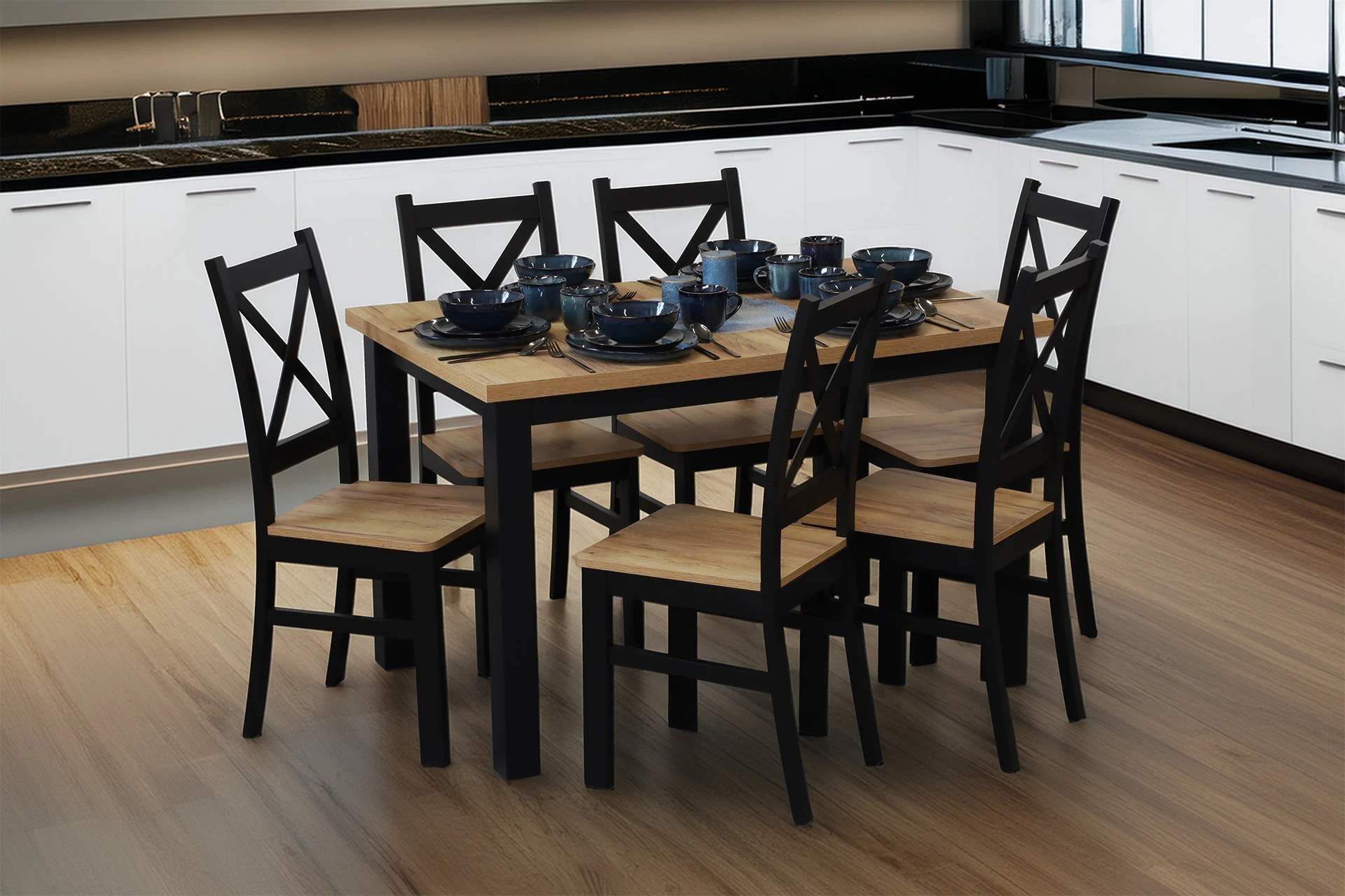 Zestaw stół 120x80 z 6 krzesłami do kuchni jadalni M020-6 Czarny/Dąb Craft