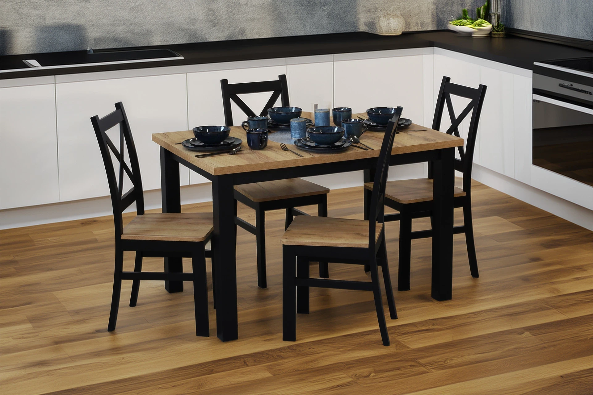 Zestaw stół rozkładany 150/190x80 do jadalni M021-4 Czarny/Dąb Craft